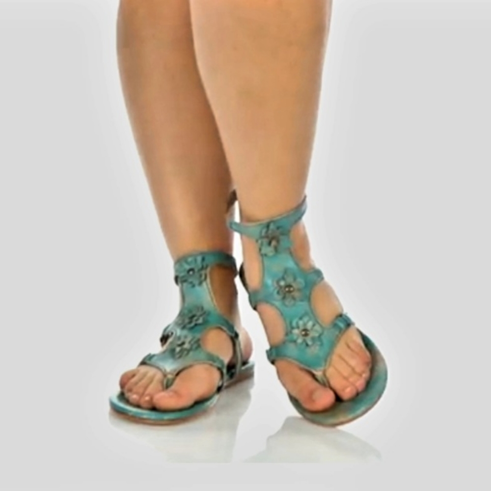 Super Rare- ​BED|STÜ Diona Turquoise Lux Floral Leather Gladiator Sandals